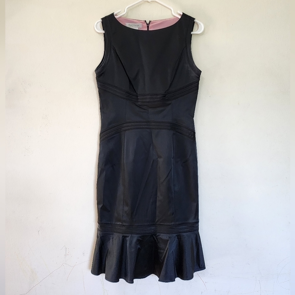 Kay Unger Business Casual Sleeveless Black Satin Ruffle Hem Dress size 8